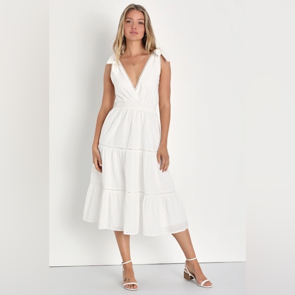 Lulu's White Eyelet Tie-Shoulder Midi Dress